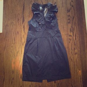 Navy polka dot dress with ruffles - wedding guest